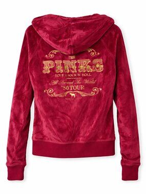 Y2K PINK Victoria’s Secret Velour Zip Hoodie Red Gold Graphic Back Size L